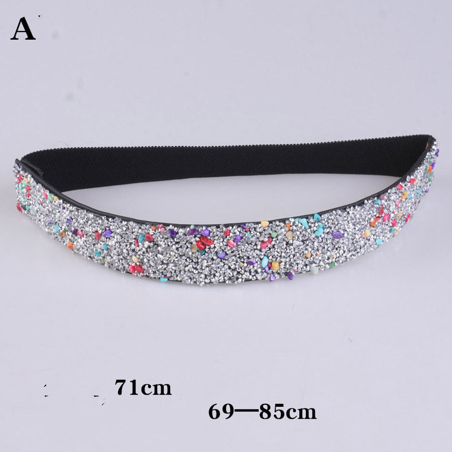 Rhinestones And Diamonds Elastic Wide Belt Flashing Diamonds Ladies Versatile Crystal Stretch