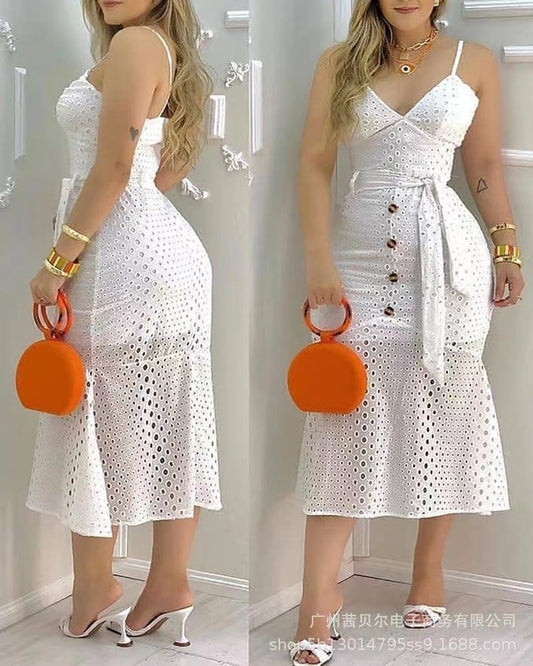 Vestido lencero con recortes blanco con cinturón y forro