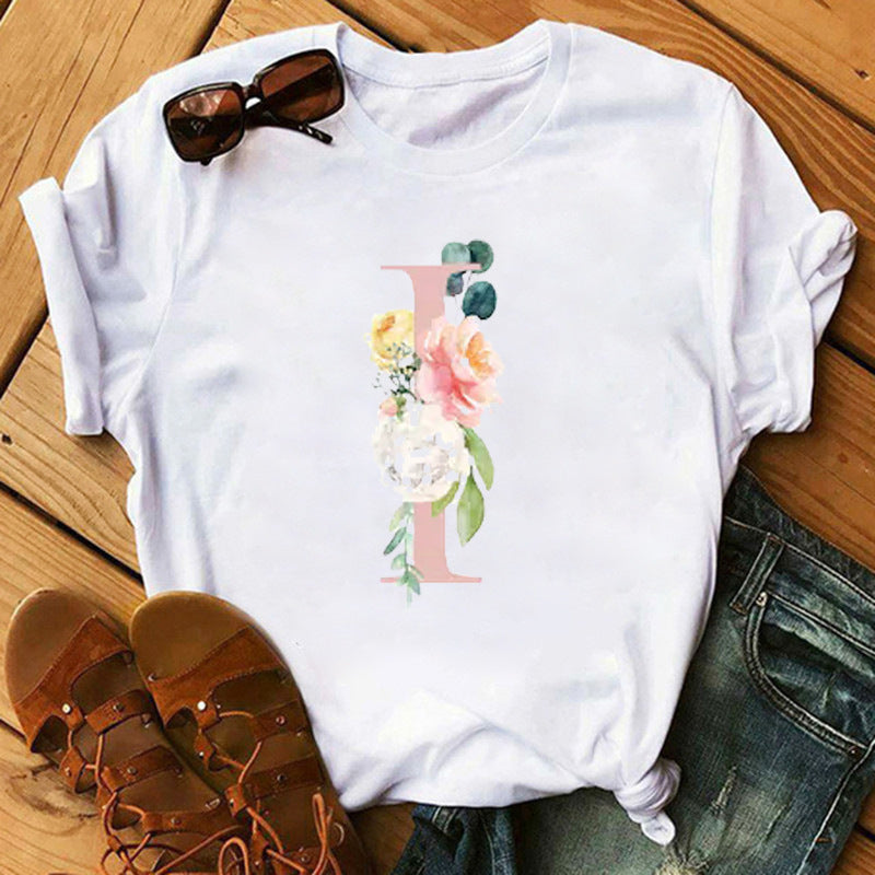 Camiseta informal con estampado de flores y letras INS26 para mujer