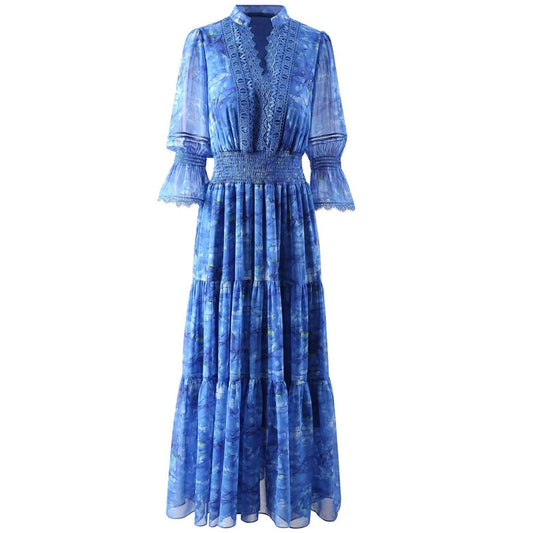 V-neck Blue Printed Flared Short Sleeve Chiffon Dress