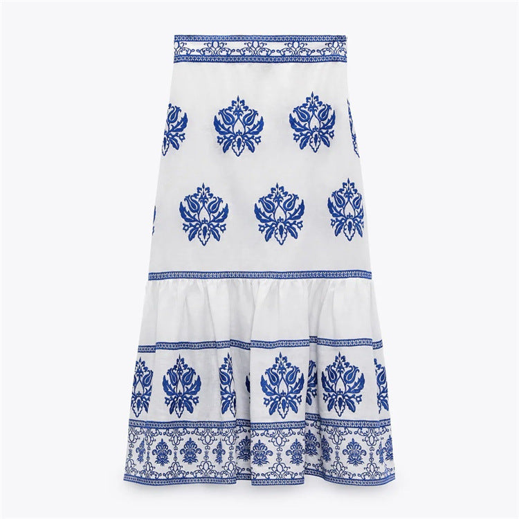 Fashion Ethnic Style High Waist Slim Blue And White Porcelain Printed Midi A-line Skirt Women