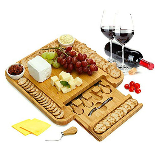 Organic Bamboo Cheese Cutting Board, 2 bowls, 2 Folks & Knife Gift Set - Serving Tray for Charcuterie Platter  33X33