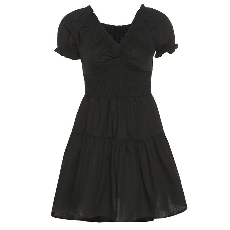 Summer Women's Puff Sleeve Square Neck Loose Pleated A-Line Dress