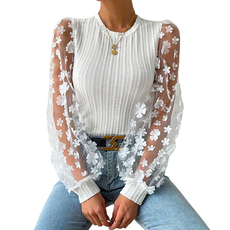 Camisa de gasa con flores pequeñas de malla para mujer Top de manga larga con cuello redondo