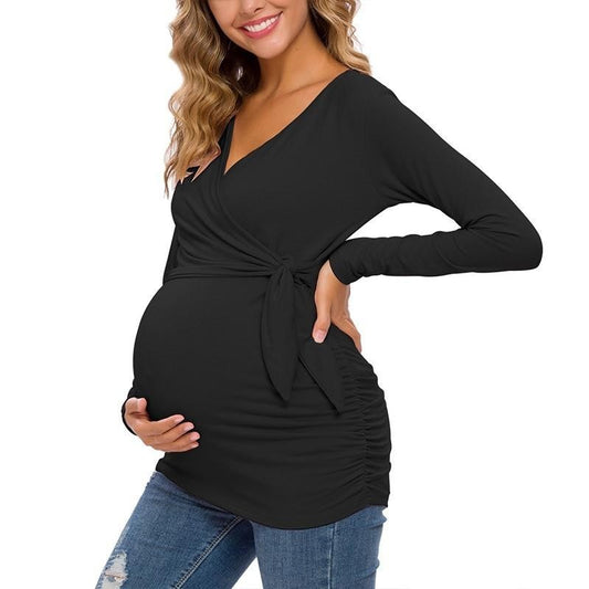 Long Sleeve V Neck Maternity Blouses And Tops For Pregnan