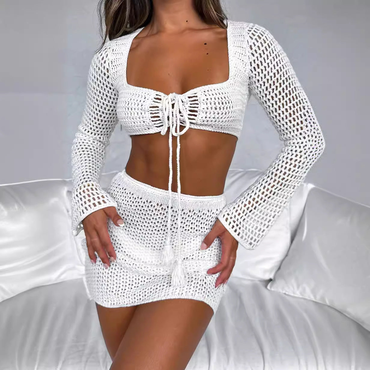 Traje de falda de protección solar de bikini hueco de blusa de punto de verano para mujer