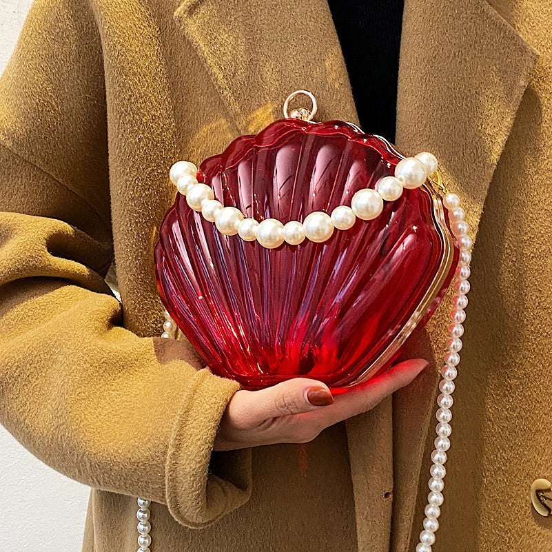 Bolso de concha transparente, bolso de caja, bandolera femenina con perlas, textura Retro