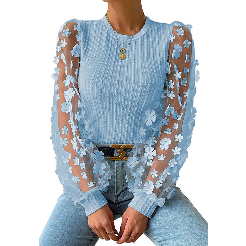 Camisa de gasa con flores pequeñas de malla para mujer Top de manga larga con cuello redondo