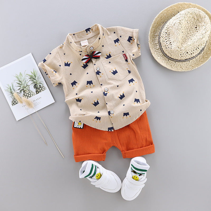 Boys New Cute Fashion Crown Lapel Shirt Set