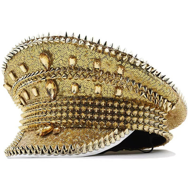 Sombrero de fiesta con remaches de diamantes de imitación para mujer, de moda europea y americana, para exportación transfronteriza, de talla única, estilo punk genial