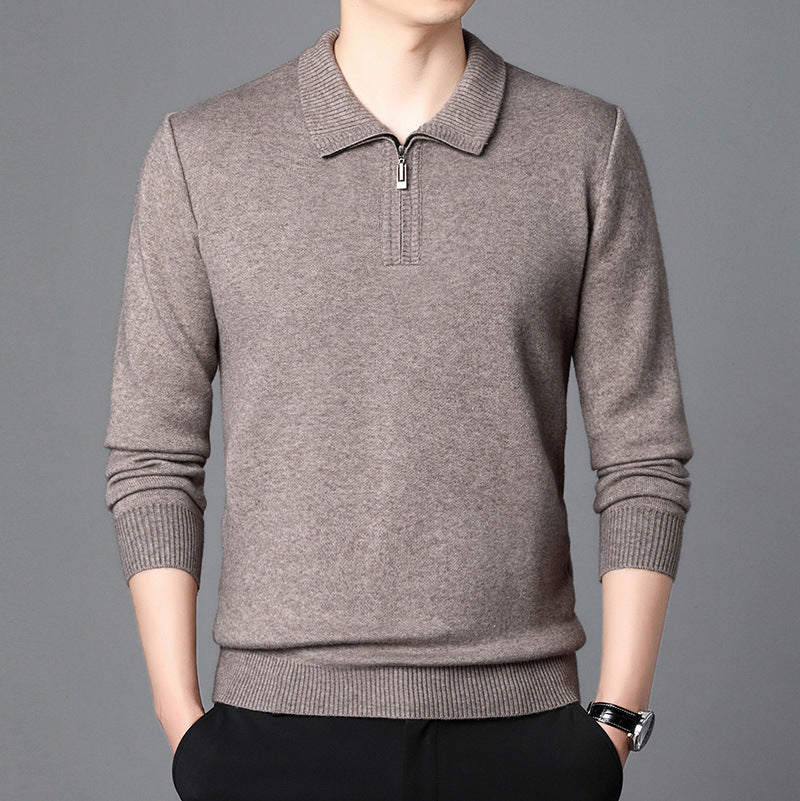 100 Wool T-shirt Trendy High-end Men's Lapel Pullover Long Sleeve Knitted Sweater