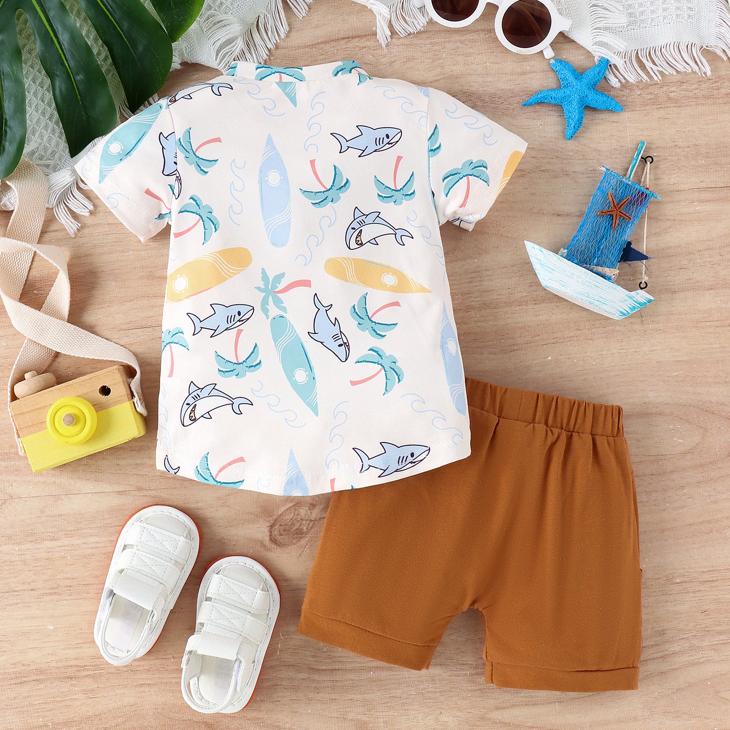 Summer Children's Turtle Shark Print Short Sleeve Suit