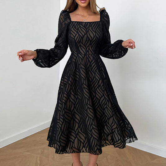 Women's Graceful And Fashionable Hollow-out Micro-transparent Jacquard High Waist Long Sleeves Dress