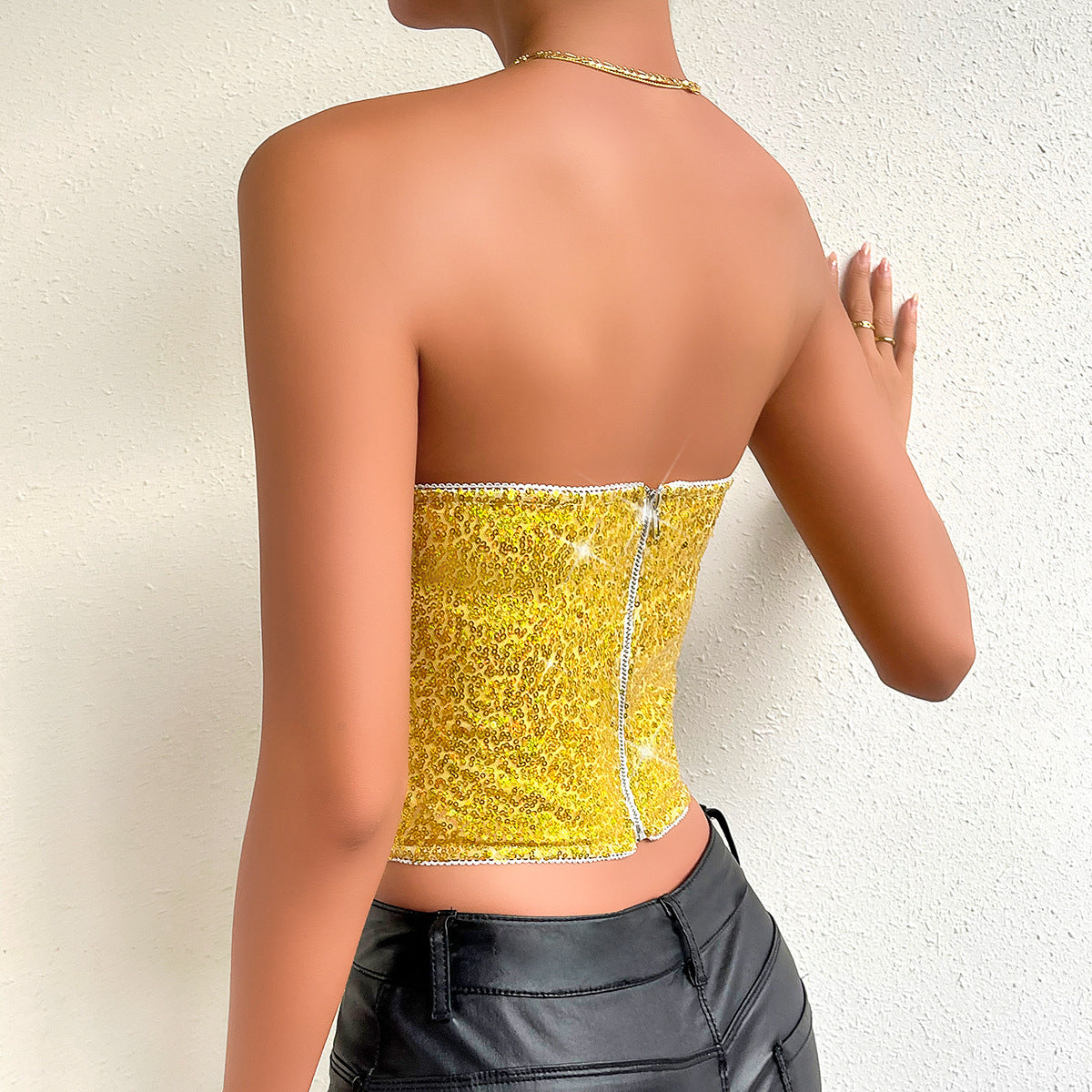 Fashion Sequin Zipper Heavy Industry Tube Top