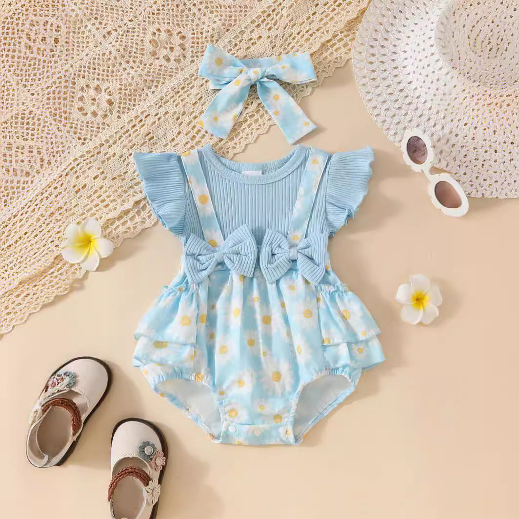 Candy Color Flower Print Pleated Cake Jumpsuit