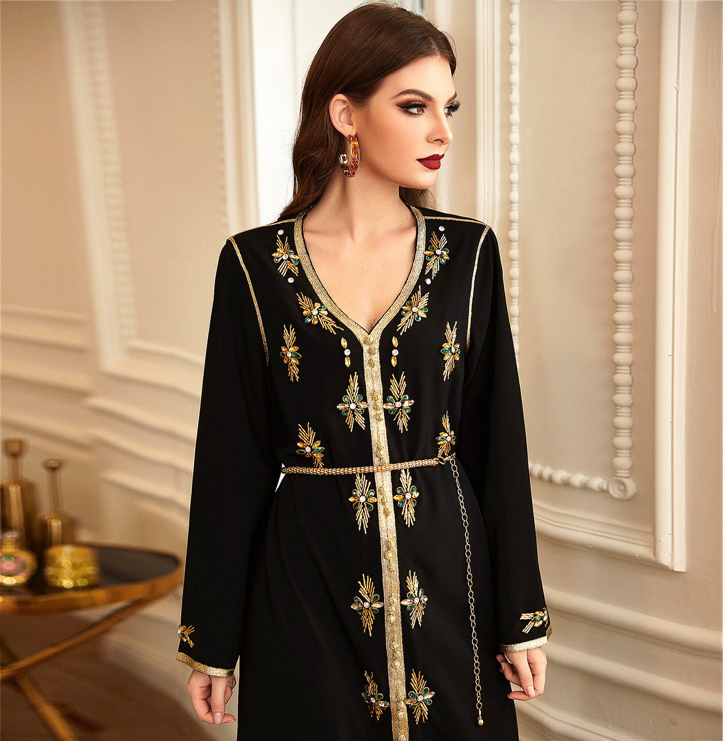 Female Phnom Penh V-neck Gold Tube Rhinestone Robe