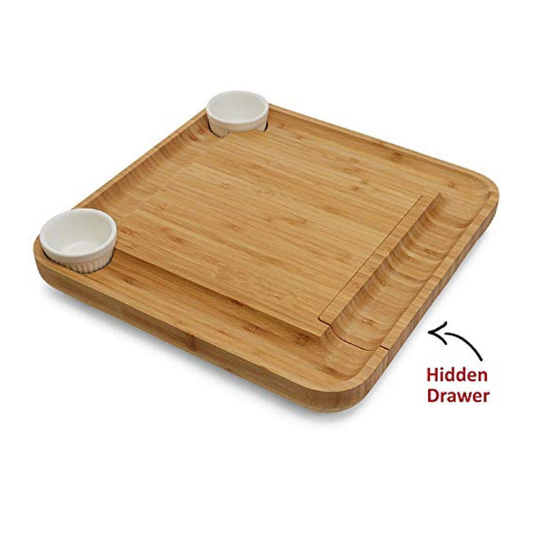 Organic Bamboo Cheese Cutting Board, 2 bowls, 2 Folks & Knife Gift Set - Serving Tray for Charcuterie Platter  33X33