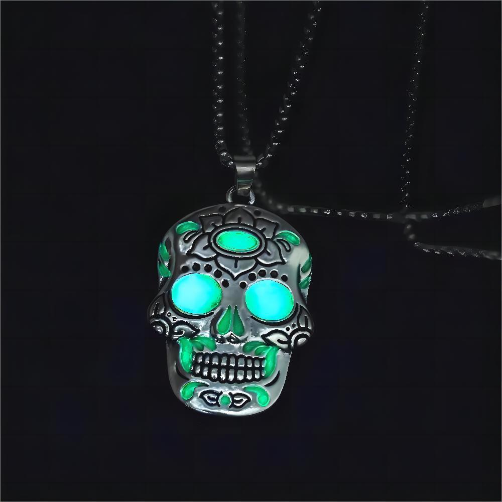 Halloween Luminous Skull Necklace With Day Of The Dead Lotus Pattern Personality Clavicle Necklace Fashion Jewelry Accessories