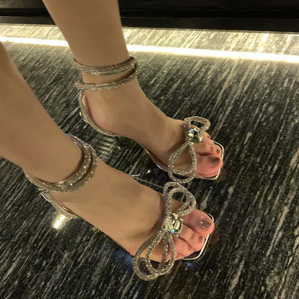 Ankle Strap Stiletto Rhinestone Bow Transparent Shoes