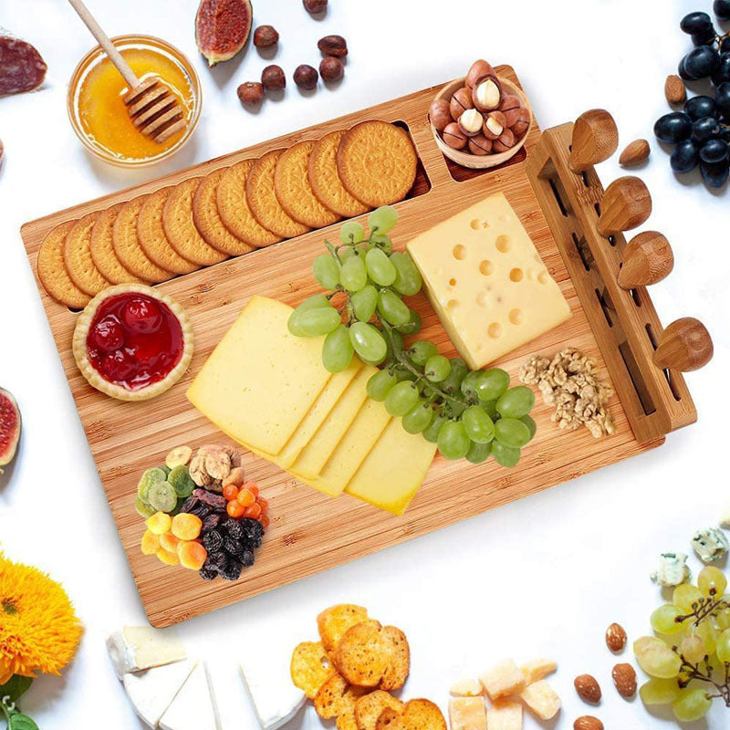 Bamboo Cheese Board and Knife Set 14X11 inch - Wood Cheese Cutting Board, Serving Tray Platter, Charcuterie Board Set with 4 Cheese Knives