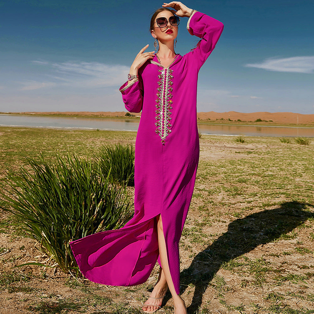 Vestido estilo Dubái marroquí de Oriente Medio con capucha de color rojo rosa para mujer