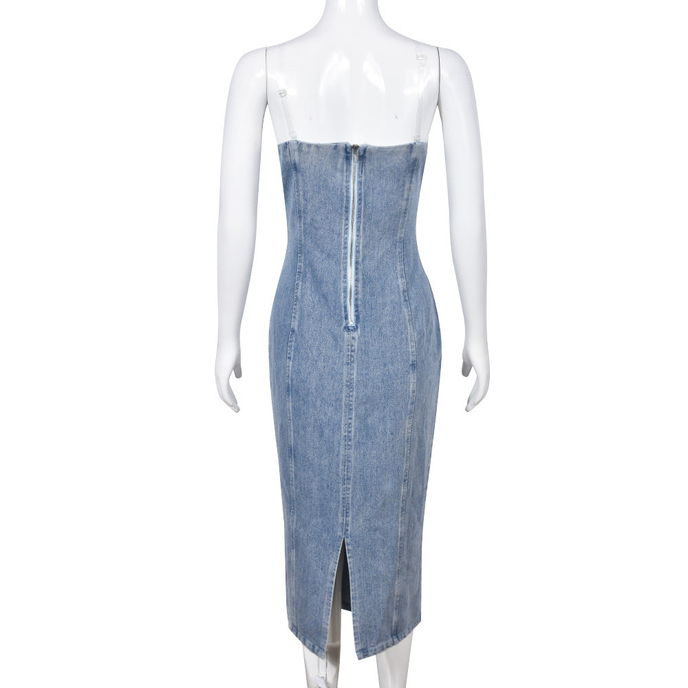 Women's Slim Fit Fashion Stitching Tube Top Denim Dress