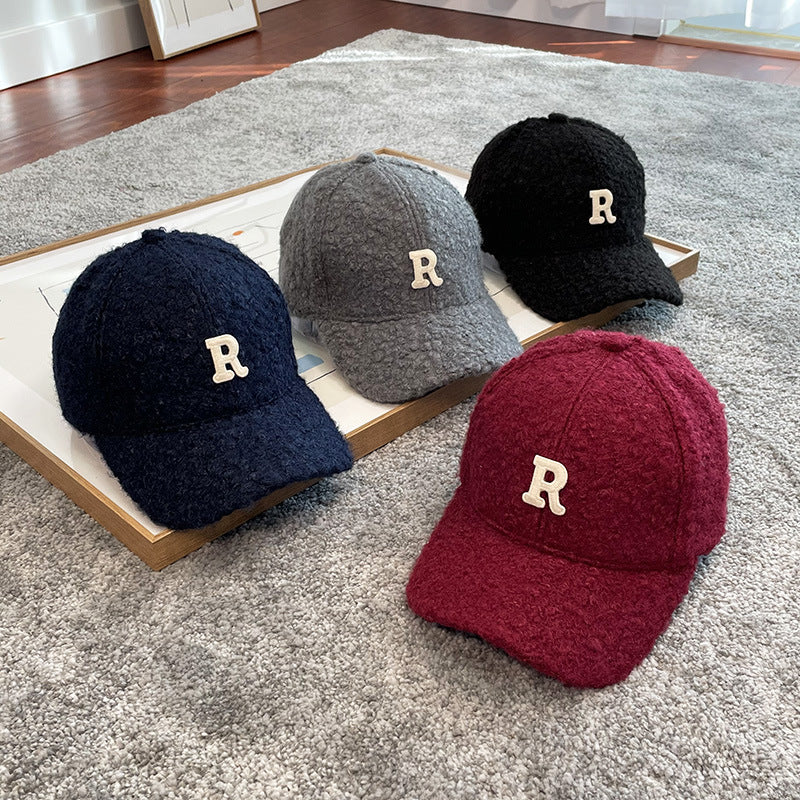 Winter Thick Lambskin Furry Large R Letter Baseball Cap