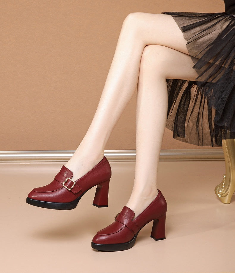 Comfortable Low-cut Fashion Square Buckle British Style High Heels