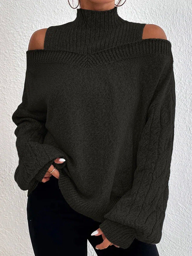 Off-the-shoulder Sweater Women's Pullover Half Turtleneck Autumn And Winter New Lantern Sleeve Sweater