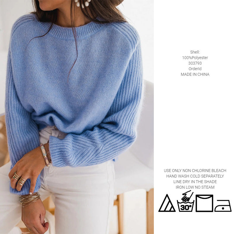 Pull en velours côtelé Bedford bleu lait européen pour femme, col rond, manches longues, tricot décontracté, vêtements d'extérieur tendance