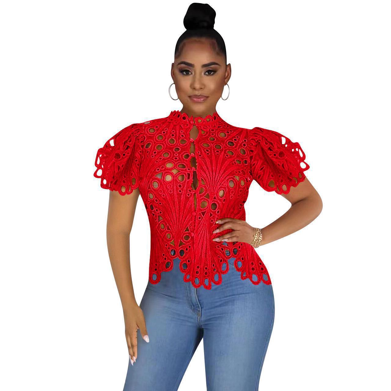 Sexy Cutout See-through Nightclub Puff Short Sleeve Irregular Top Women's Lace Shirt