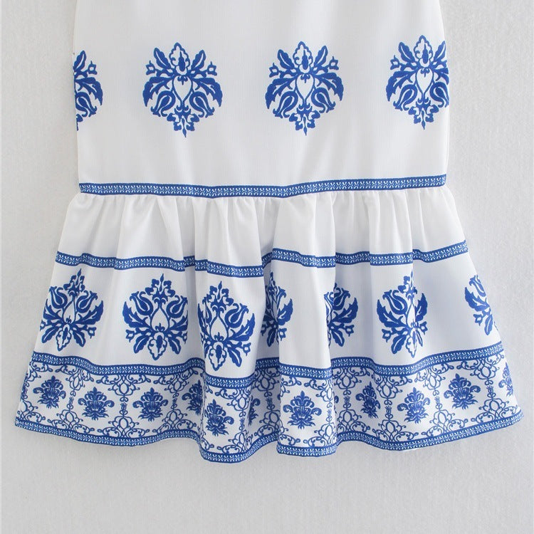 Fashion Ethnic Style High Waist Slim Blue And White Porcelain Printed Midi A-line Skirt Women