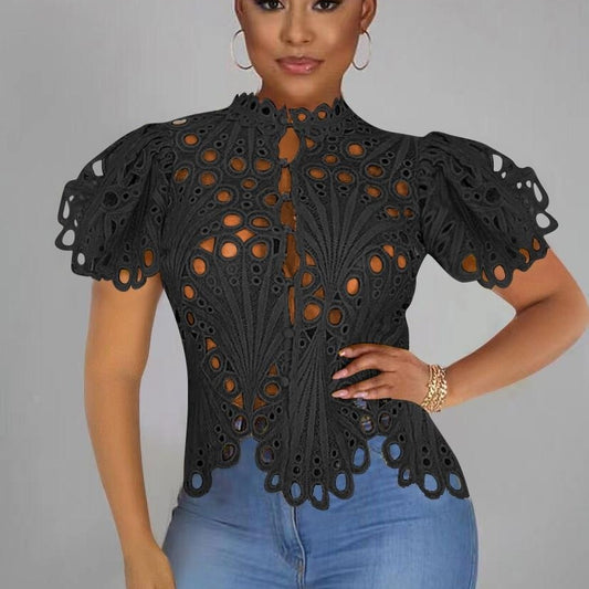 Sexy Cutout See-through Nightclub Puff Short Sleeve Irregular Top Women's Lace Shirt