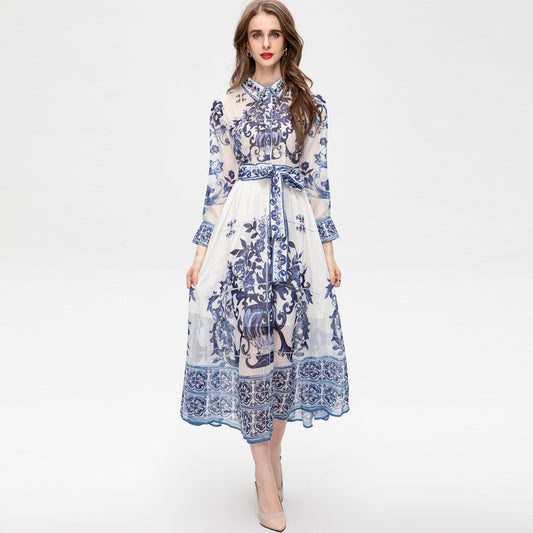 Blue And White Porcelain Printed Long Sleeve Big Hem Waist Slimming Dress