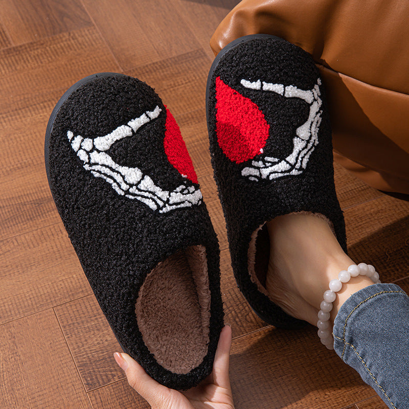 Divertidas pantuflas de Halloween con forma de calavera y mano de amor, antideslizantes, de algodón, con suela suave, para el dormitorio, cálidas para el invierno, para mujeres y hombres