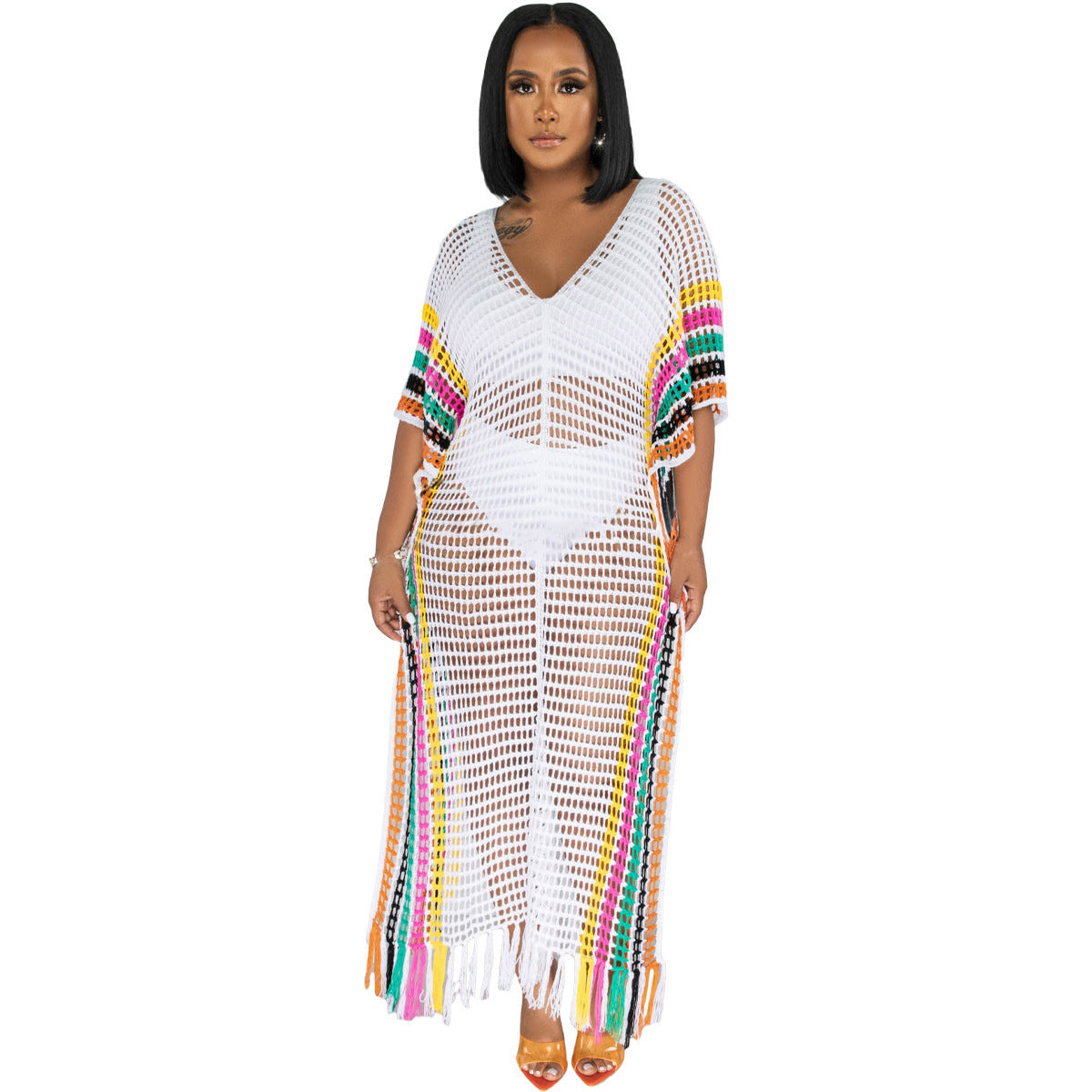 Vestido de playa a juego de colores con borlas de punto de ganchillo sexy para mujer