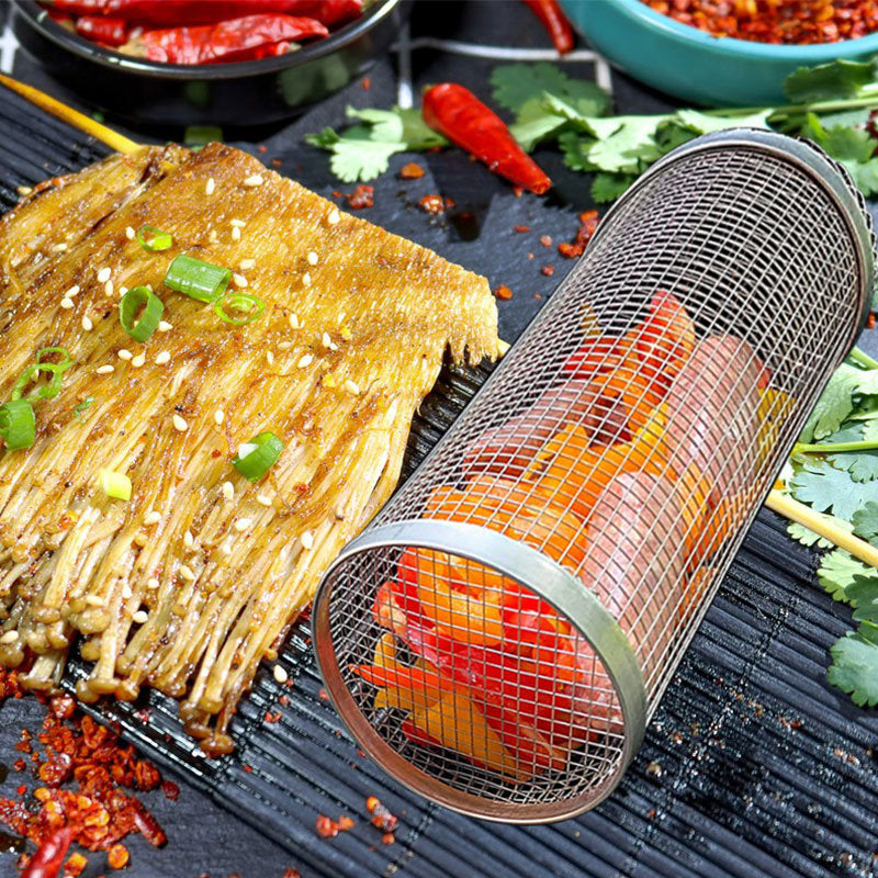 Rolling Grilling Basket Metal BBQ Barbecue Basket Net Portable Outdoor Camping Barbecue Rack Kitchen Gadgets