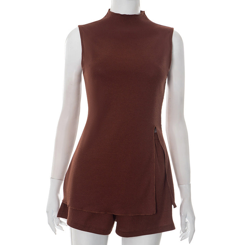 Solid Color Half High Collar Buckle Shorts Suit Women