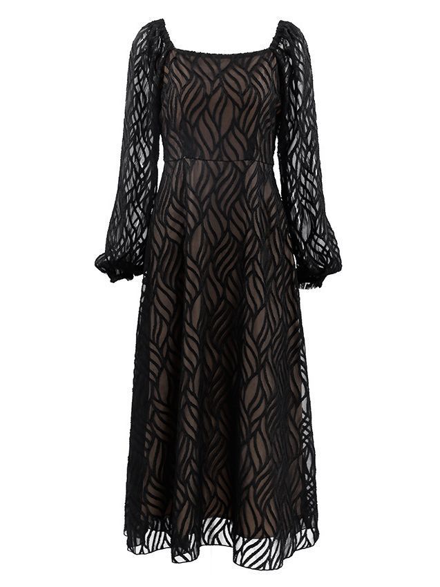 Women's Graceful And Fashionable Hollow-out Micro-transparent Jacquard High Waist Long Sleeves Dress