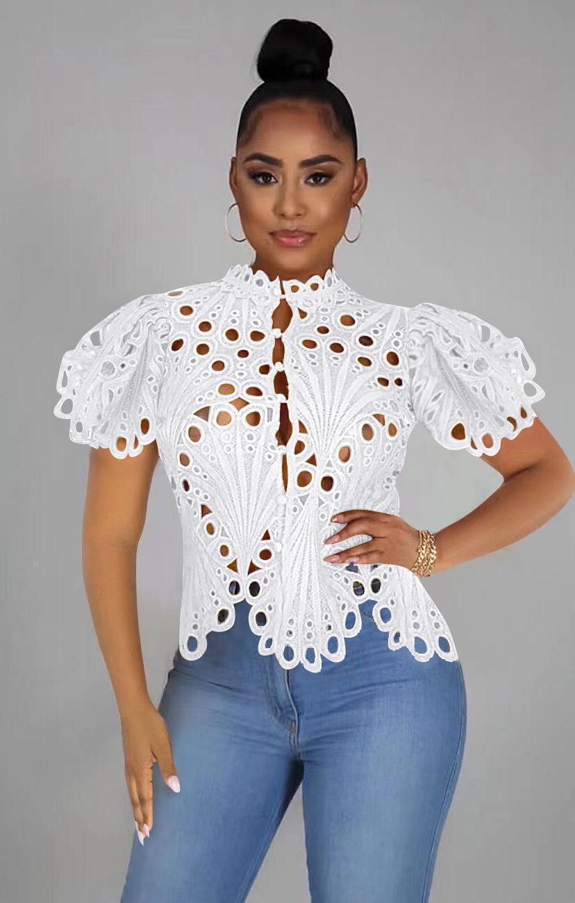 Sexy Cutout See-through Nightclub Puff Short Sleeve Irregular Top Women's Lace Shirt