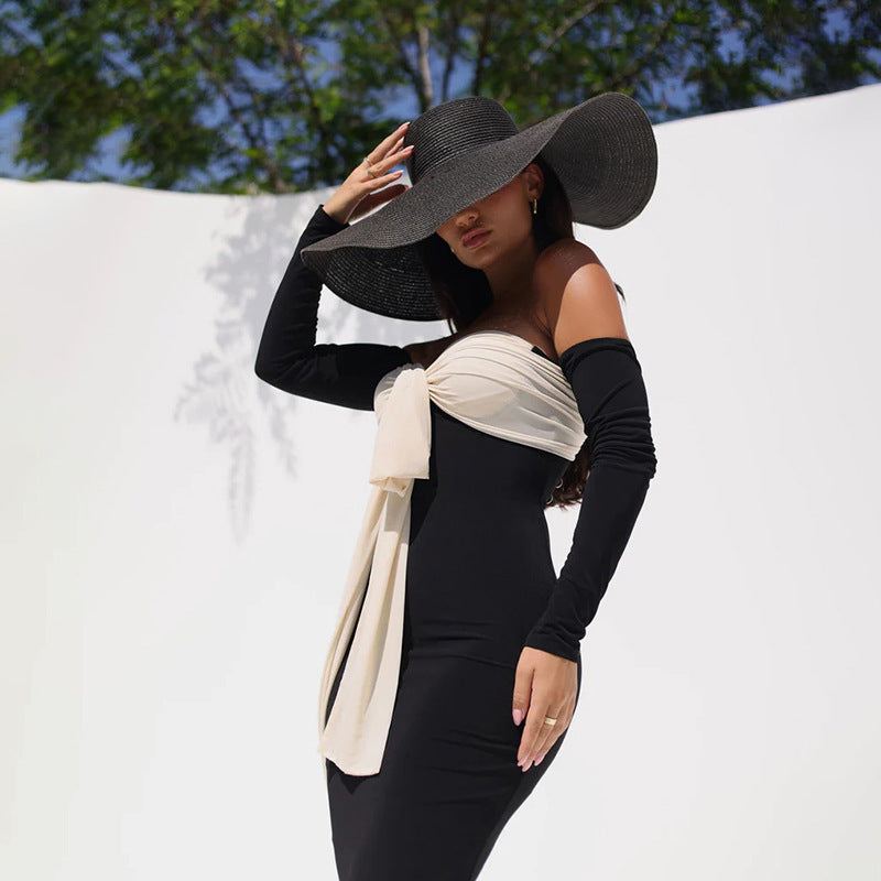 Color Matching Lace Up Off-shoulder Bandeau Slim-fit Dress
