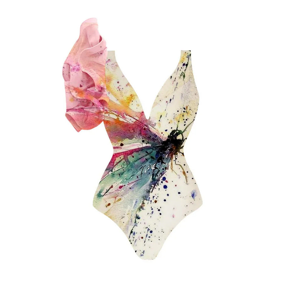 One-shoulder Ruffled Dragonfly Printed One-piece Swimsuit Set