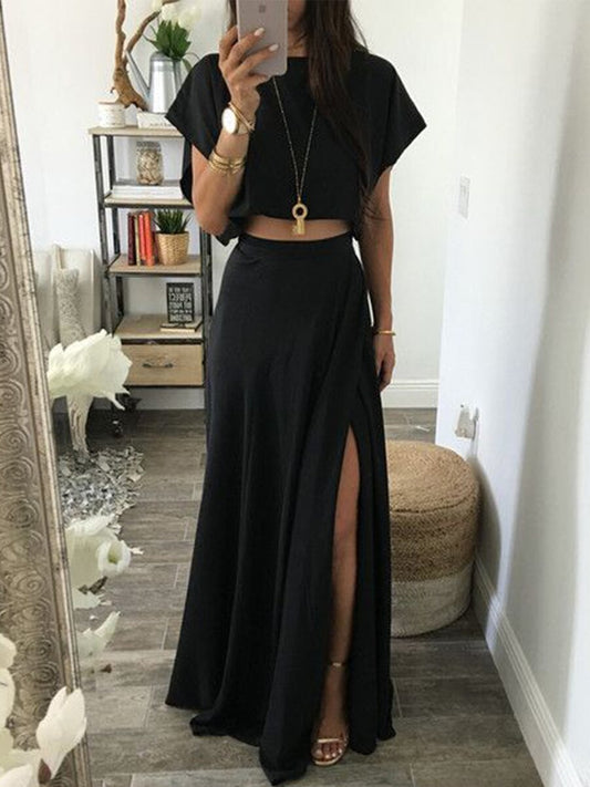 Black Casual Loose Cropped Top And Split Half-length Skirt Fashionable Two-piece