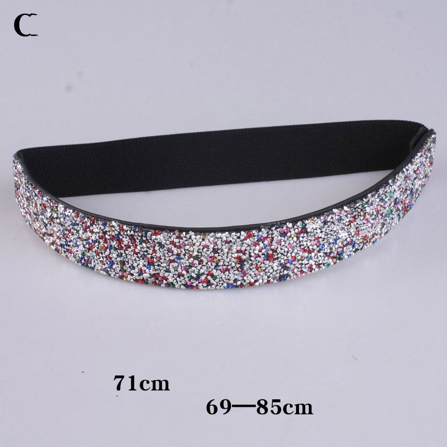 Rhinestones And Diamonds Elastic Wide Belt Flashing Diamonds Ladies Versatile Crystal Stretch