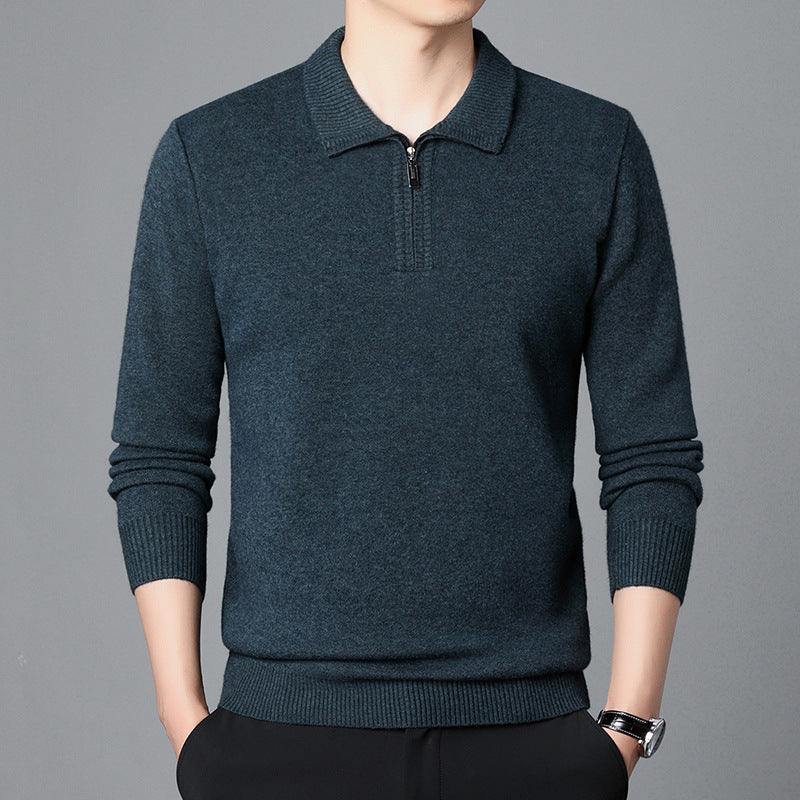 100 Wool T-shirt Trendy High-end Men's Lapel Pullover Long Sleeve Knitted Sweater