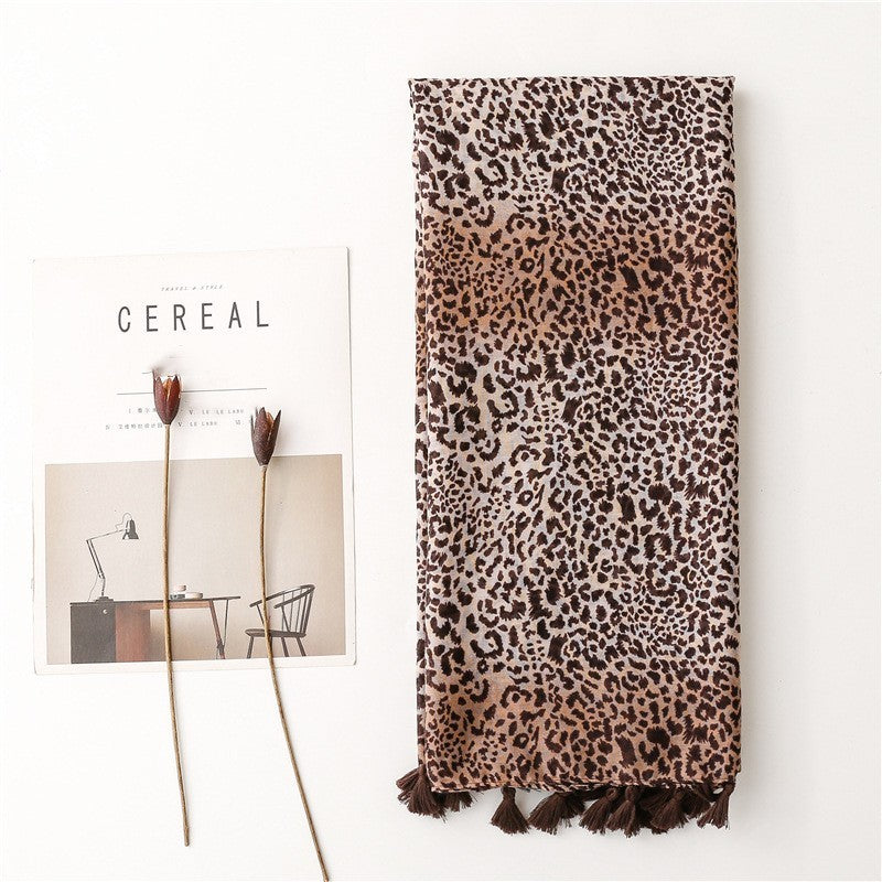 Fashion Large Leopard-print Personality Voile Silk Scarf Coffee Color Gradient Handmade Tassel Sun-proof