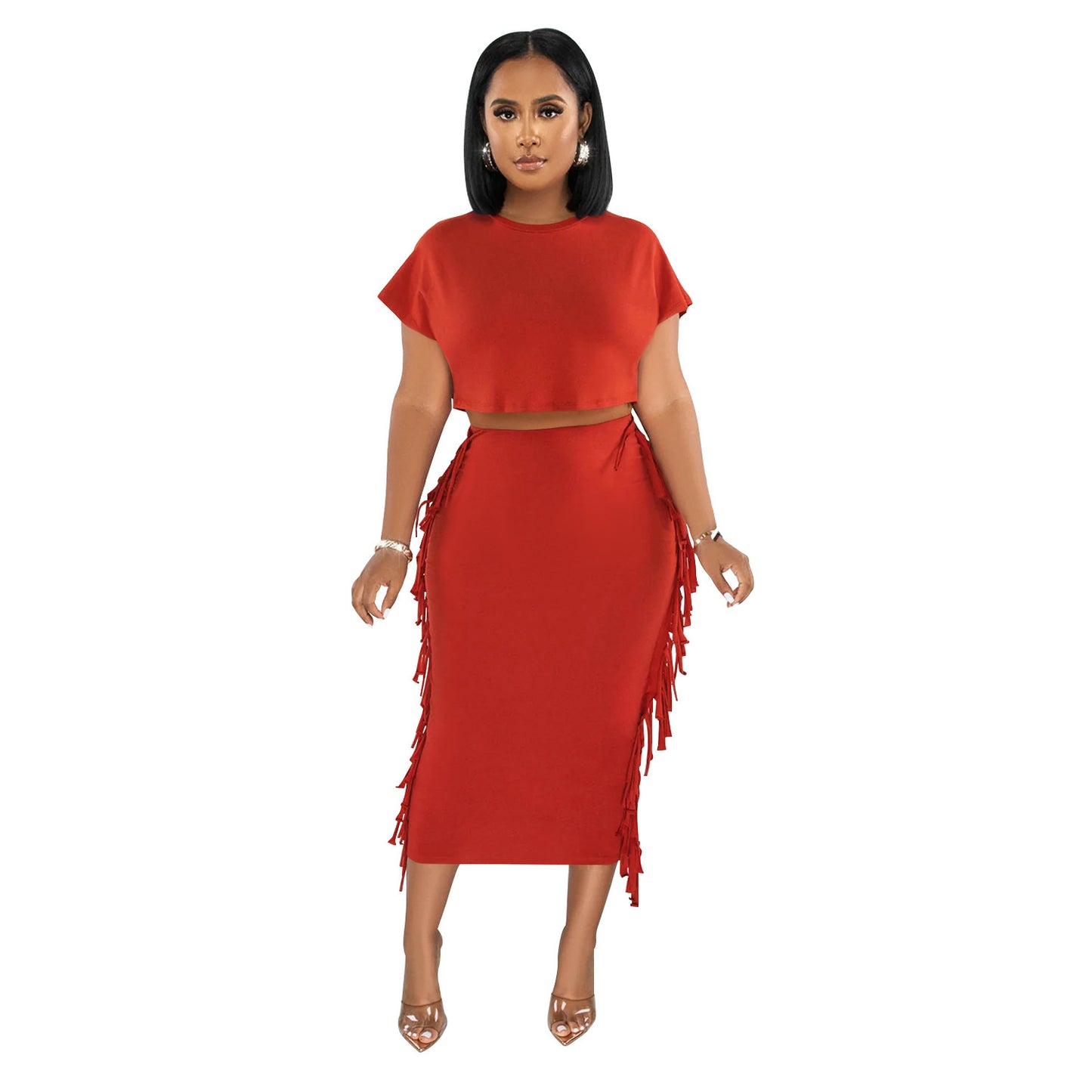 Women's Wear Solid Color Tassel Round Neck Short Sleeve Dress Two-piece Set