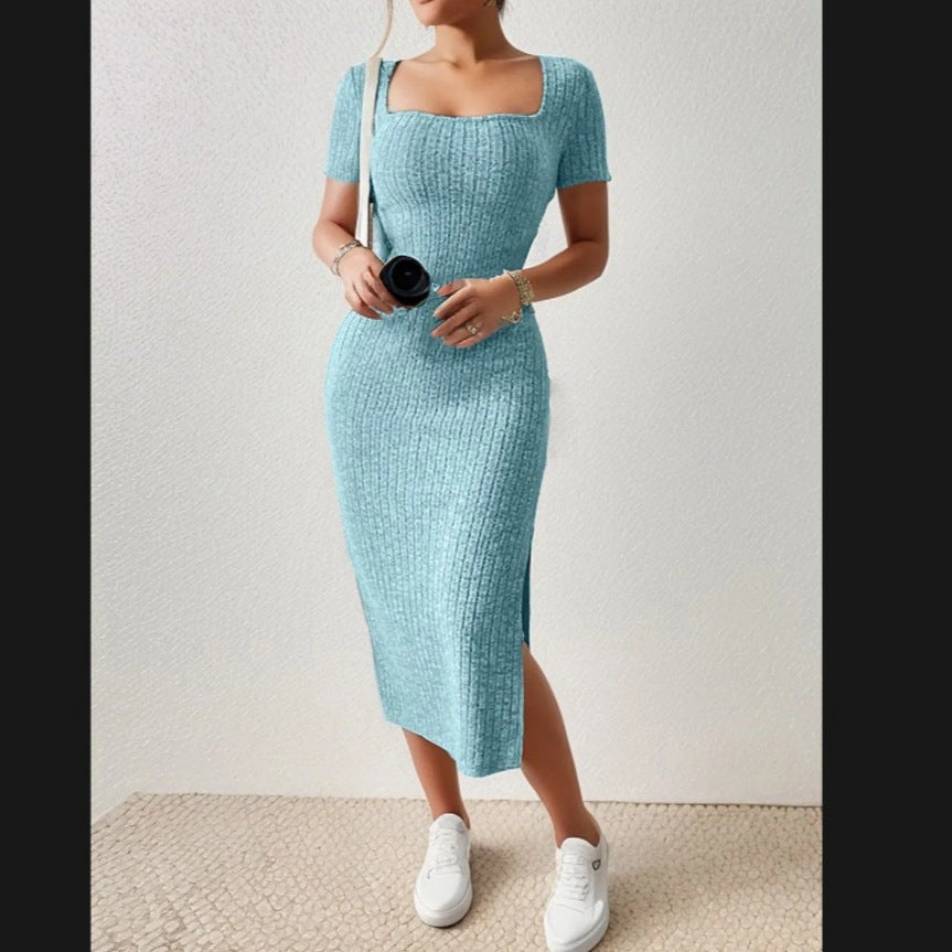 Square Collar Side Slit Rib Knit Dress