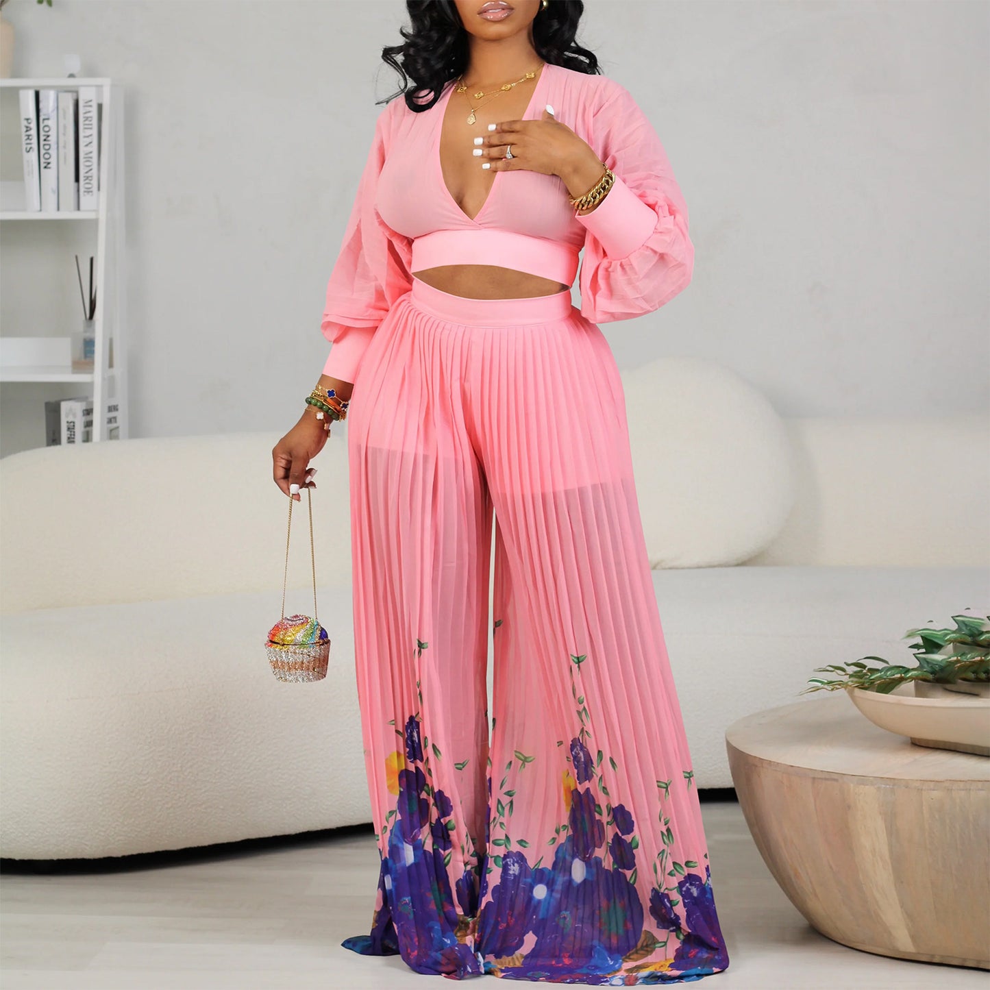 V-neck Chiffon Bishop Sleeves Top Pleated Wide-leg Pants Two-piece Set