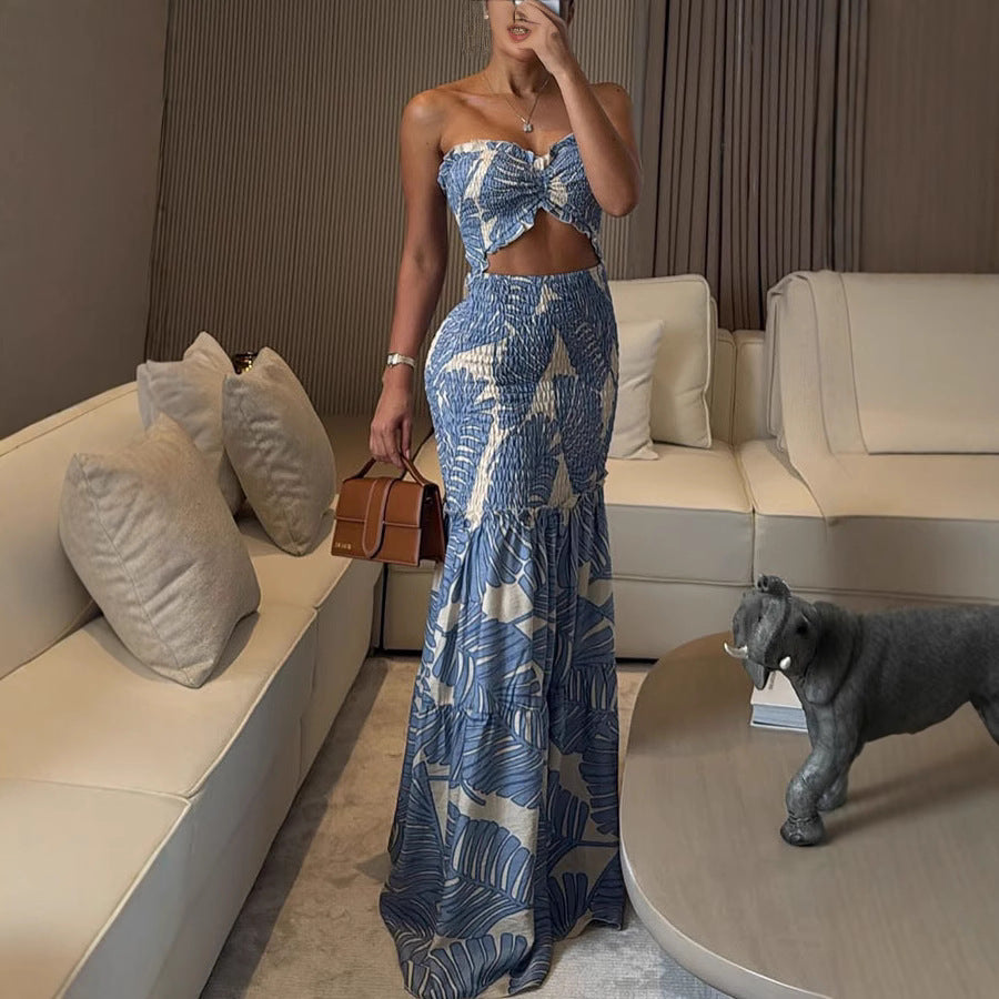 Halterneck Printed Pleated Dress Loose